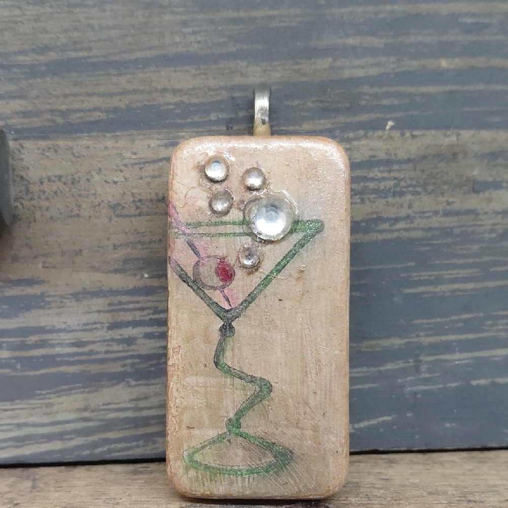 Vintage Handmade Martini Glass Pendant with Rhinestones